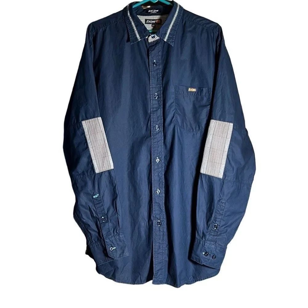 Ecko Unltd Mens Button Down Shirt Plaid Patch Logo Cotton Rhino Brand Blue XXL